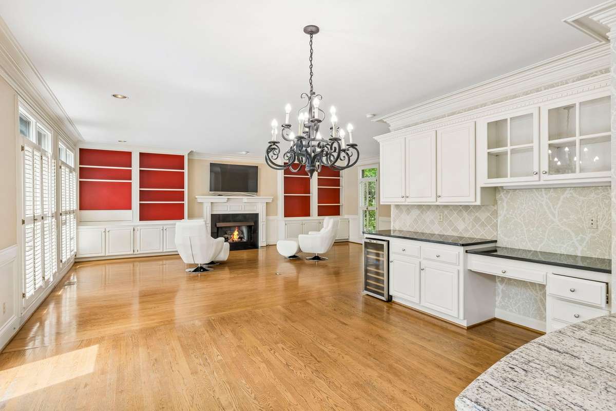 The large living area is joined with the kitchen and eat-in dining area.