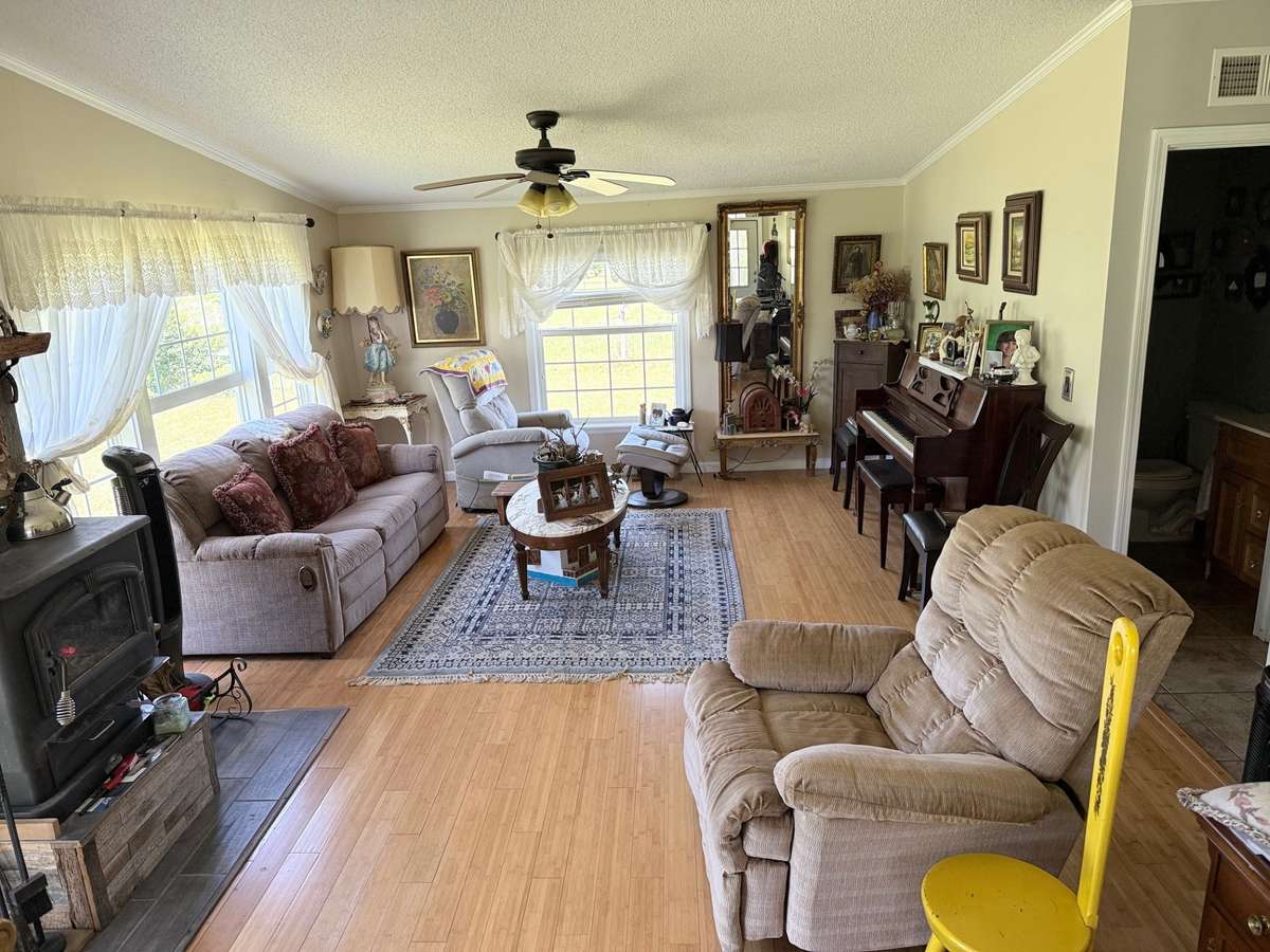 Living room with almost full window view. Wood burning fireplace