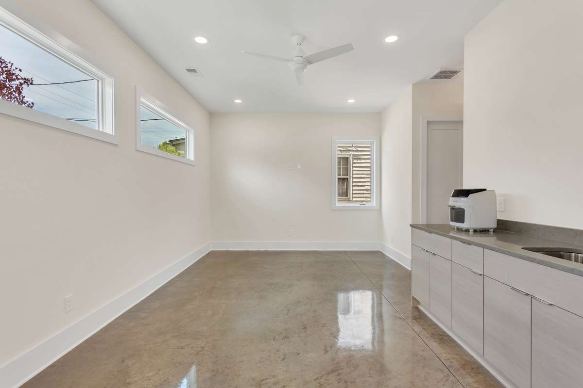 Transom windows give plenty of natural light, yet privacy.