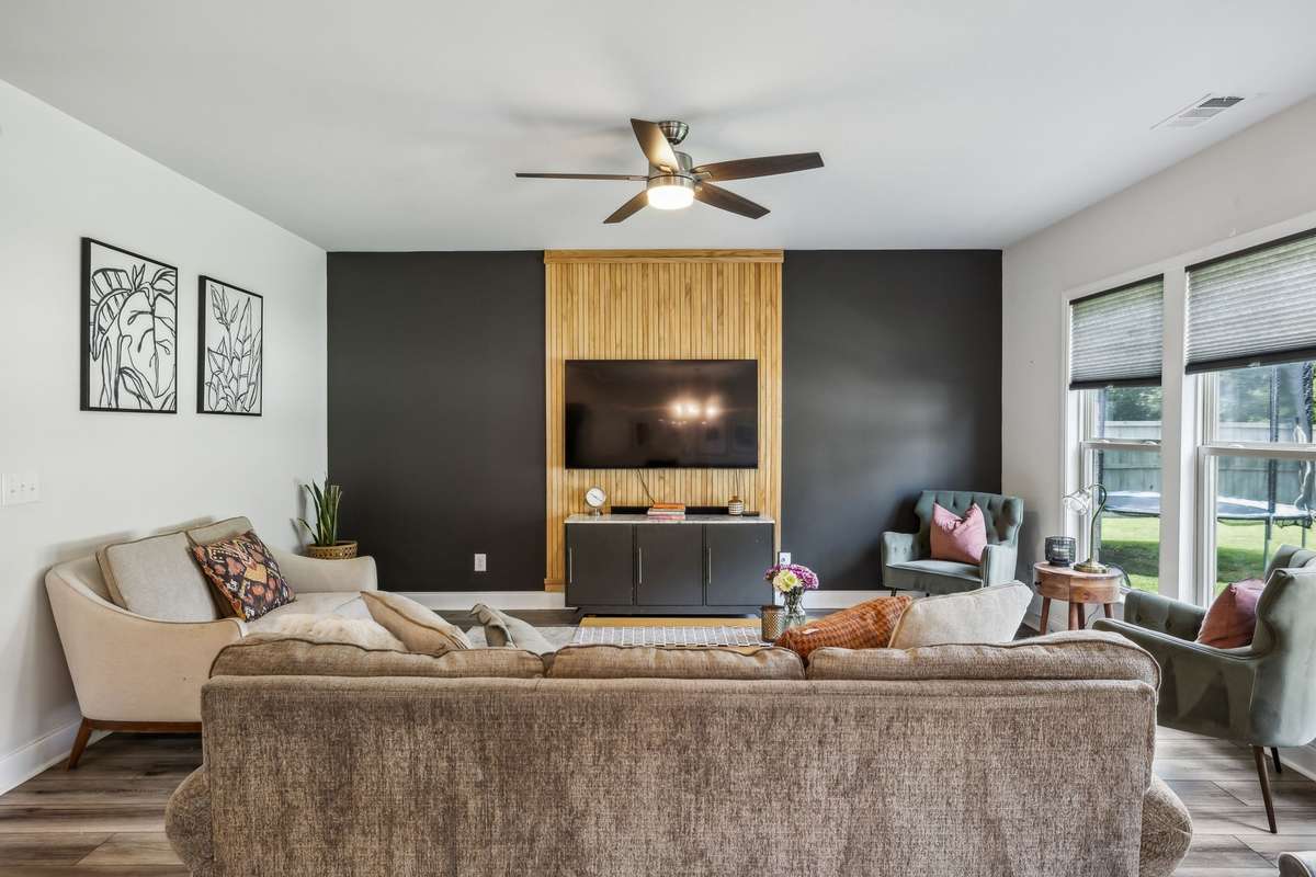 view from kitchen island into living space