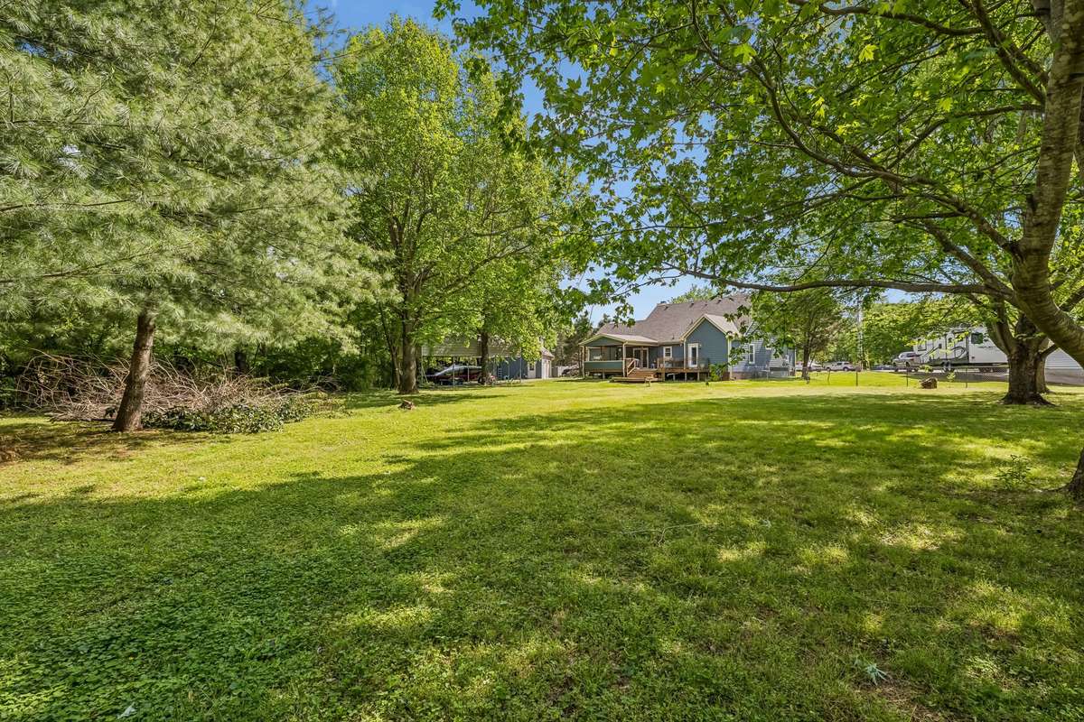 Expansive fenced yard with mature trees creating natural shade and plenty of level space for activities.