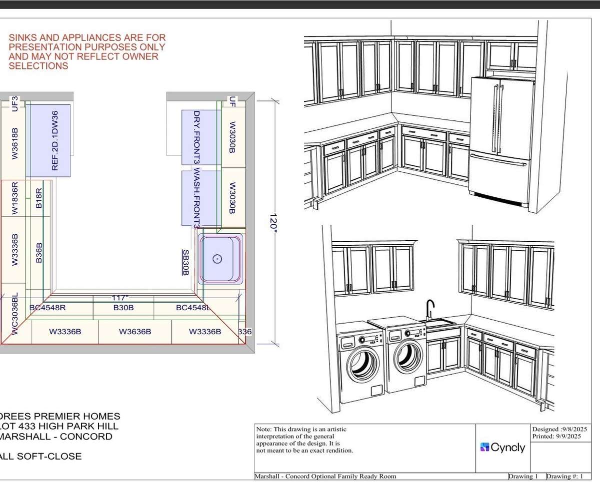 A spacious Family Ready room is found on the main level.  Cabinet drawings of the Family Ready room.  Refrigerator is not included however an electrical outlet and water connection is present.