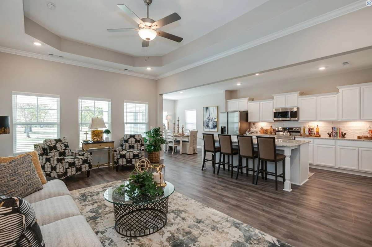 Stock Photo: Tray Ceiling in Great Room - Open Floor Plan with a large centered Island