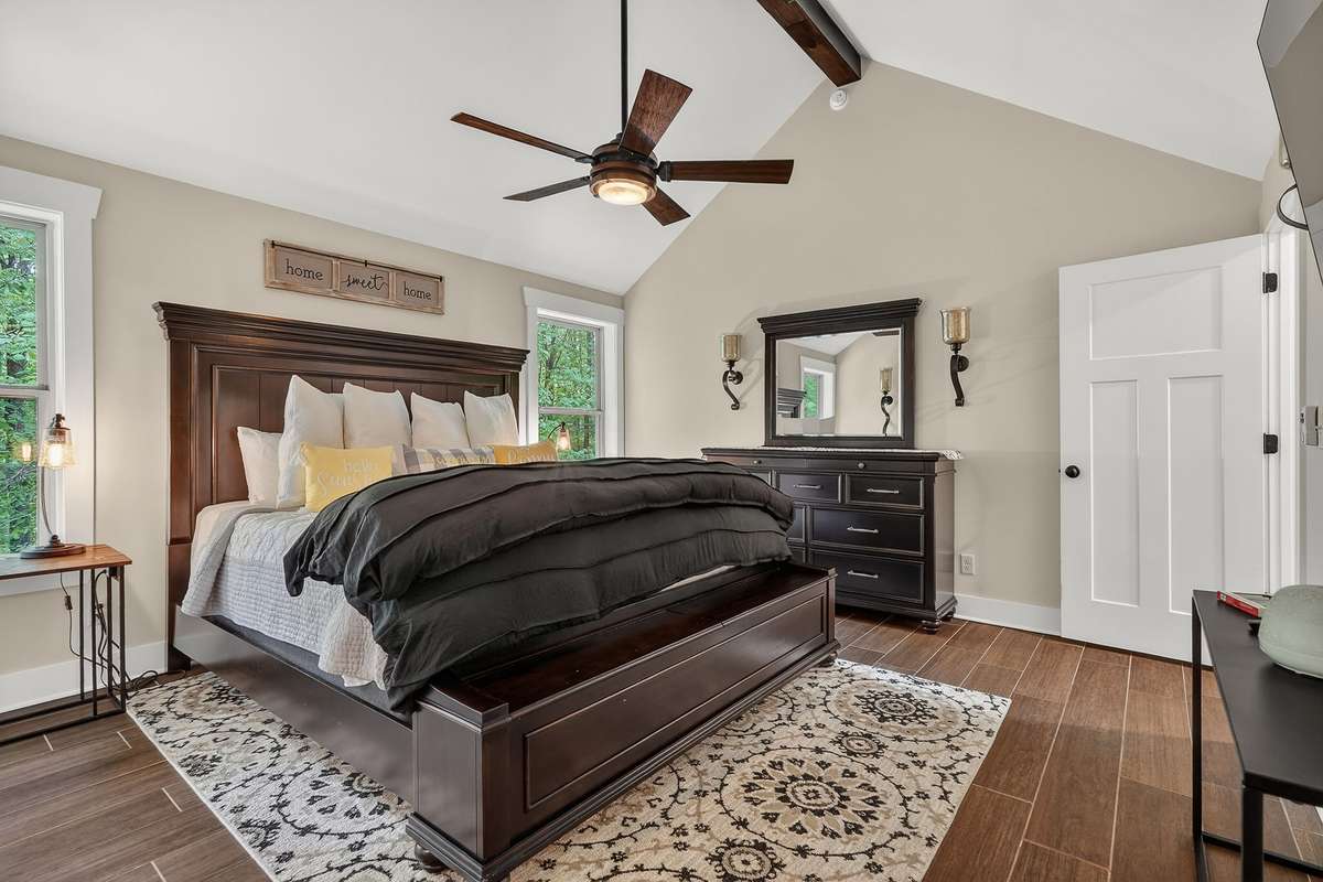 Note the vaulted ceiling with exposed beam.
