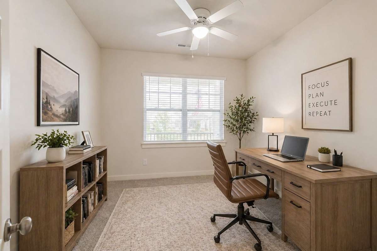 Bedroom 2, virtually staged as a home office to showcase potential layout and design inspiration.