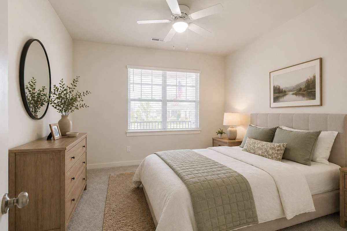 Bedroom 2, virtually staged as a guest bedroom to showcase potential layout and design inspiration.