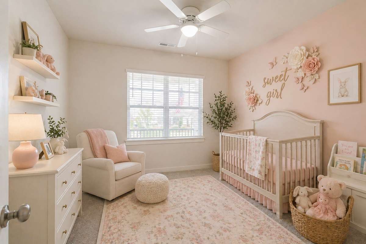Bedroom 2, virtually staged as a baby nursery to showcase potential layout and design inspiration.