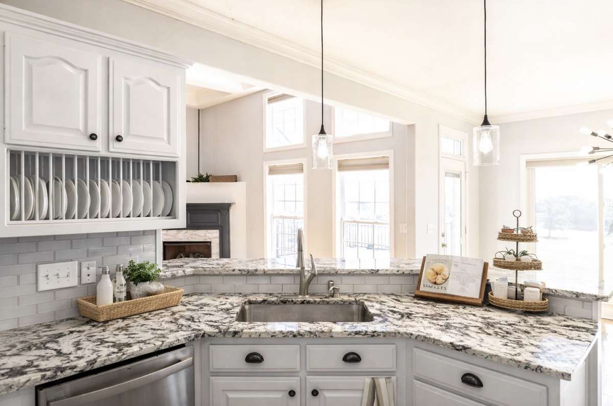 This is the heart of the home and where mornings begin.
Coffee brewing, sunlight bouncing off crisp white cabinetry, and the quiet rhythm of a home waking up.