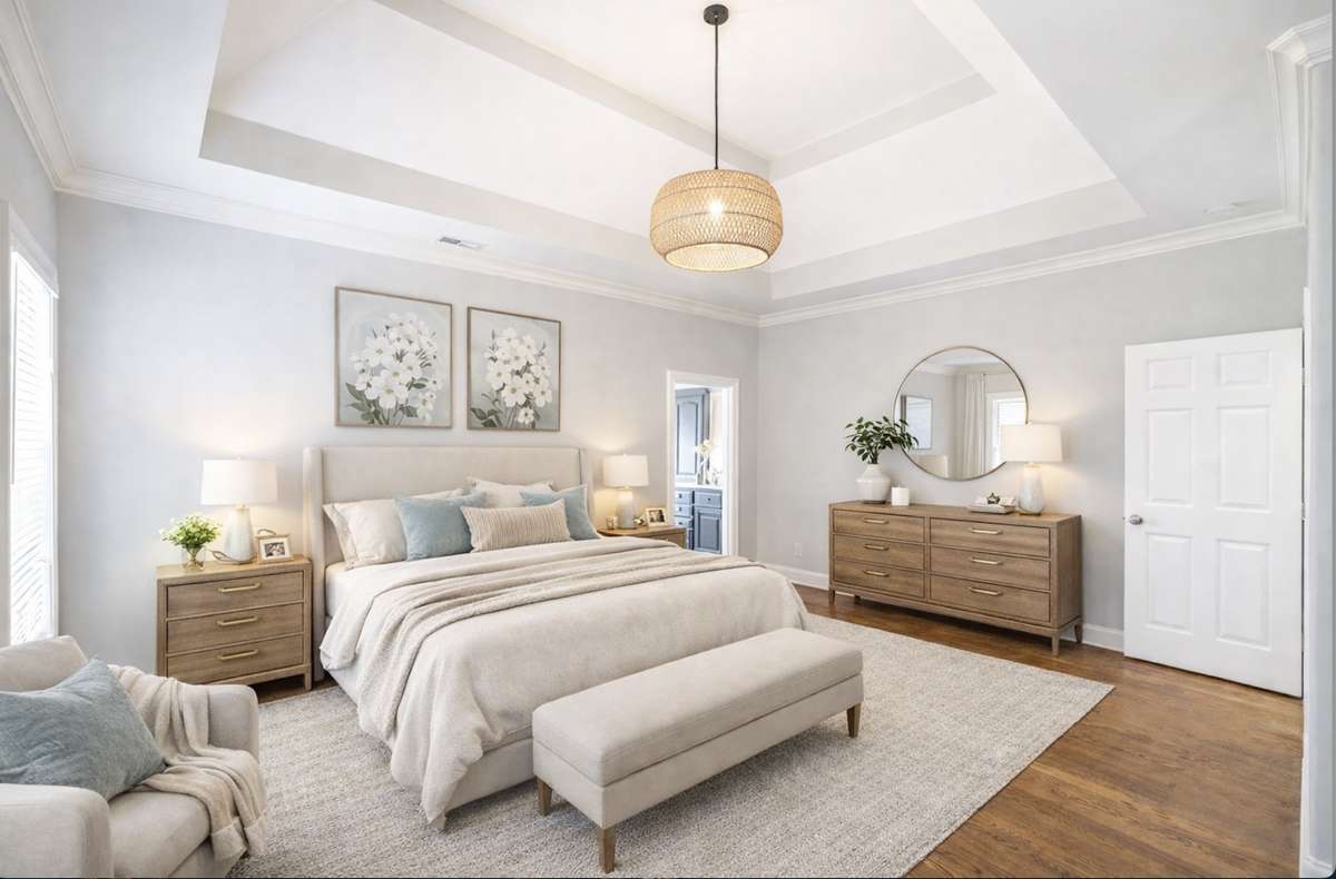 A peaceful, light-filled primary suite that feels both expansive and intimate.
Tray ceilings add elegance, while warm finishes make it feel like home. Wake up rested. Go to bed grateful.