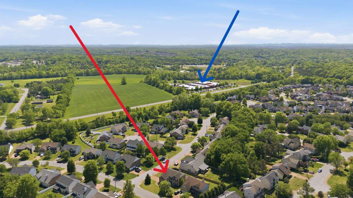 Aerial view of home . . . blue arrow points to Mt Juliet Elementary!  Also zoned for Mt Juliet Middle School and Green Hill High School