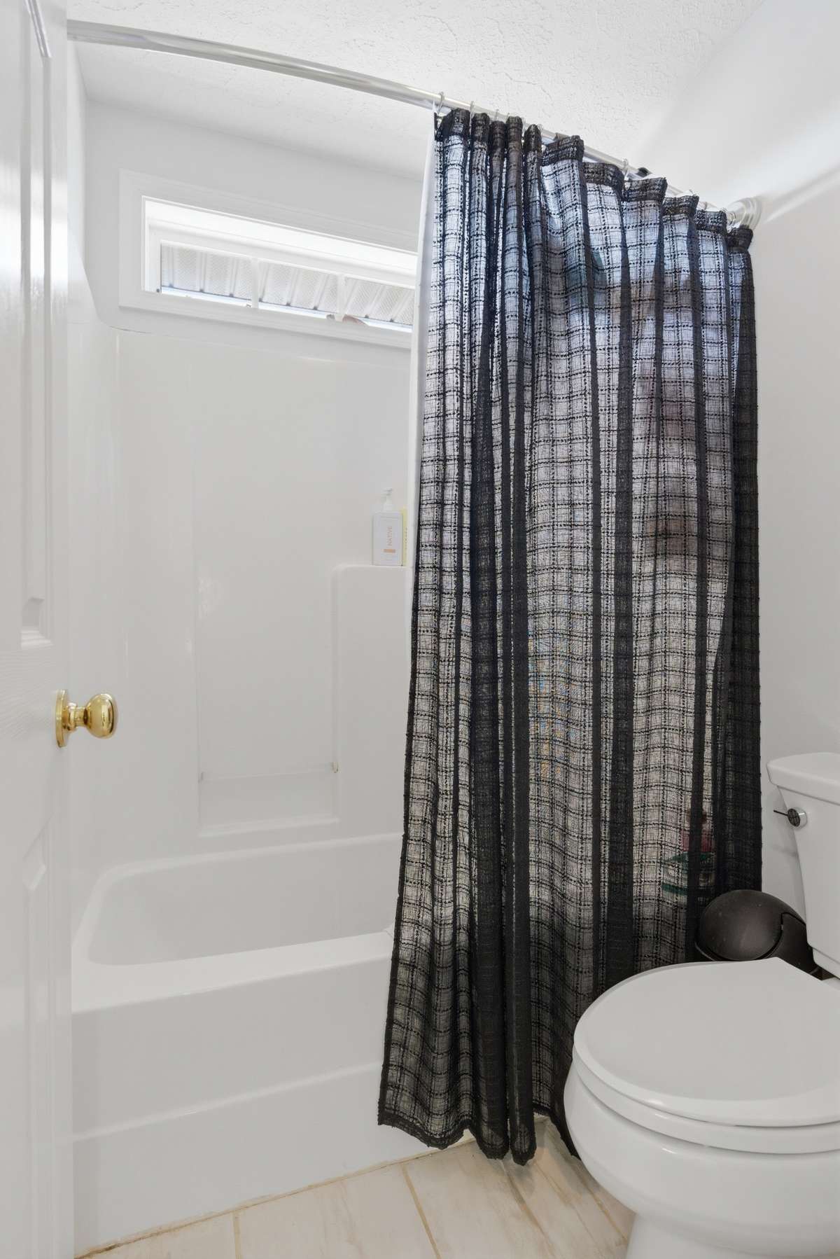 Shower and toilet area in the full hallway bathroom