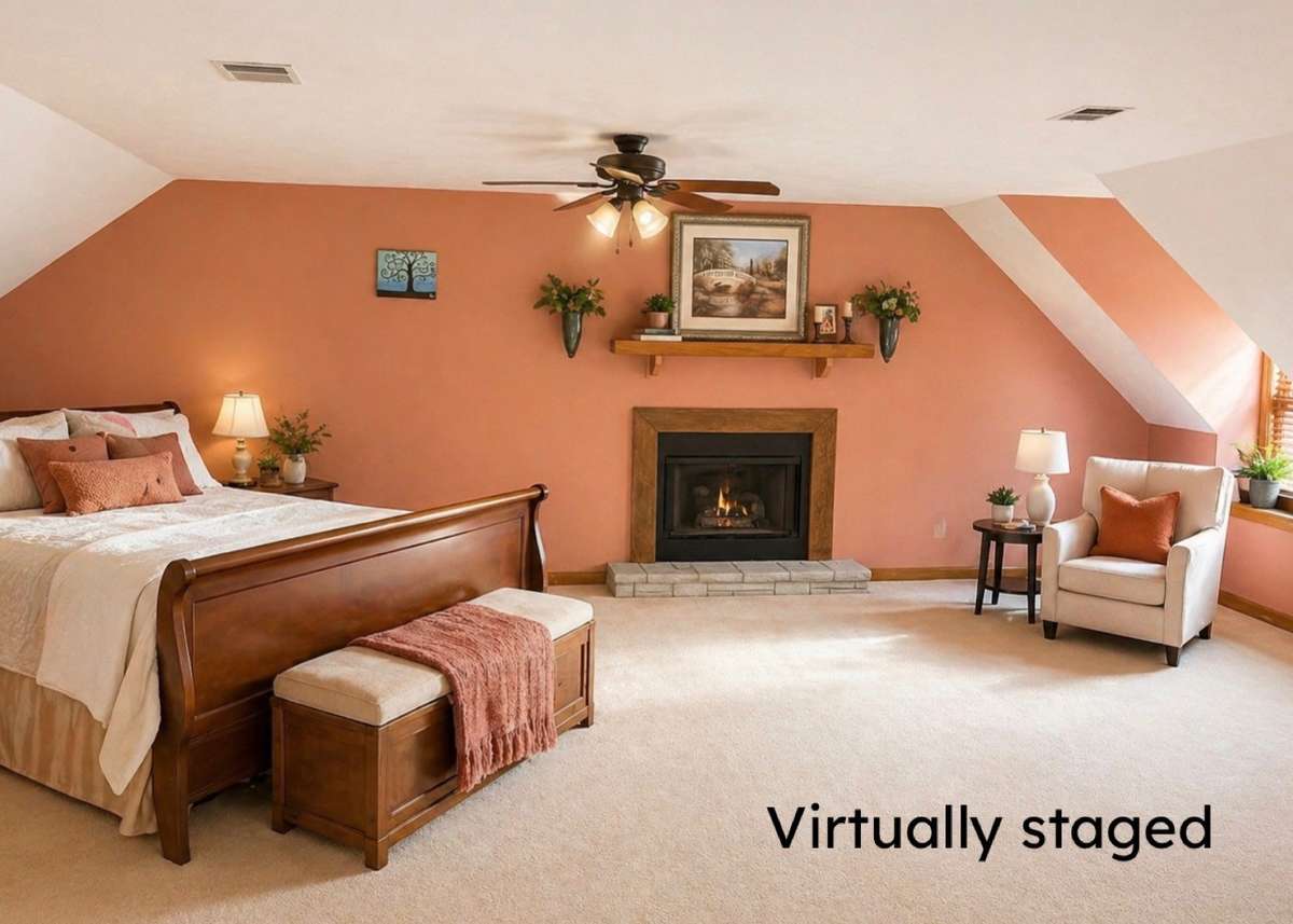 Primary Suite is gorgeous and huge. This room features two large walk in closets, ceiling fan tall ceiling, two dormers with seats, Super primary bath with separate shower and tub plus large vanity and closet!