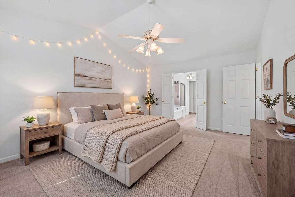 The primary suite is large and open with vaulted ceiling. Virtually staged.