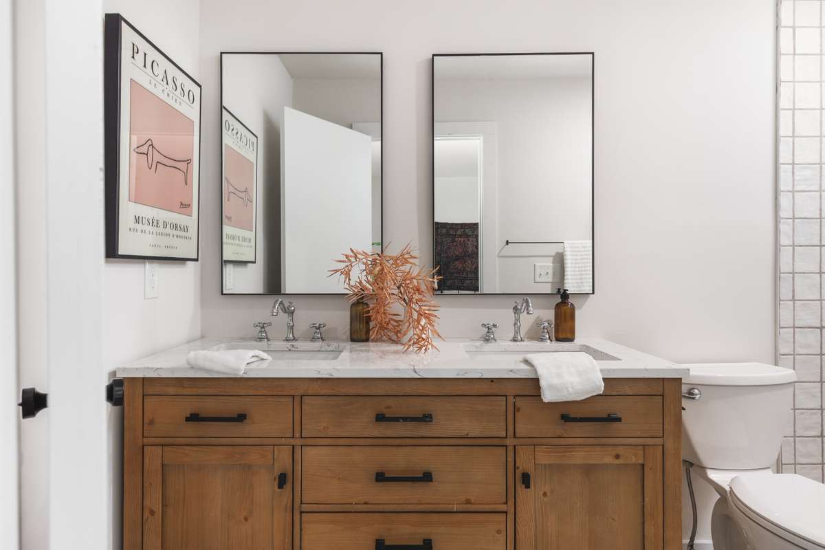 double sink and walk-in shower