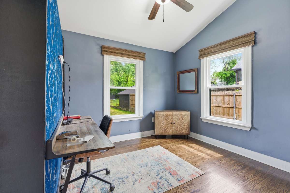 Also acts as an office during the day. It looks out over the lovely backyard.