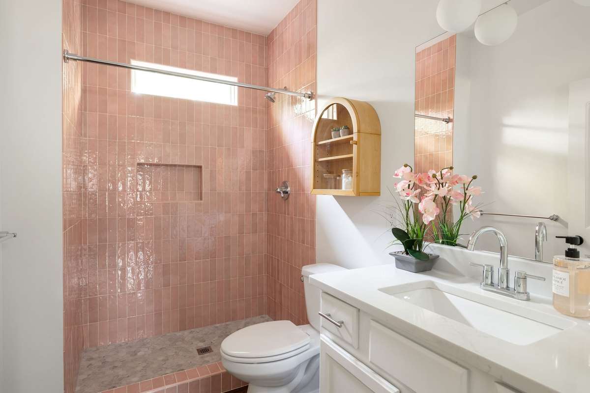 Zellige tile and quartz countertops in the bathroom