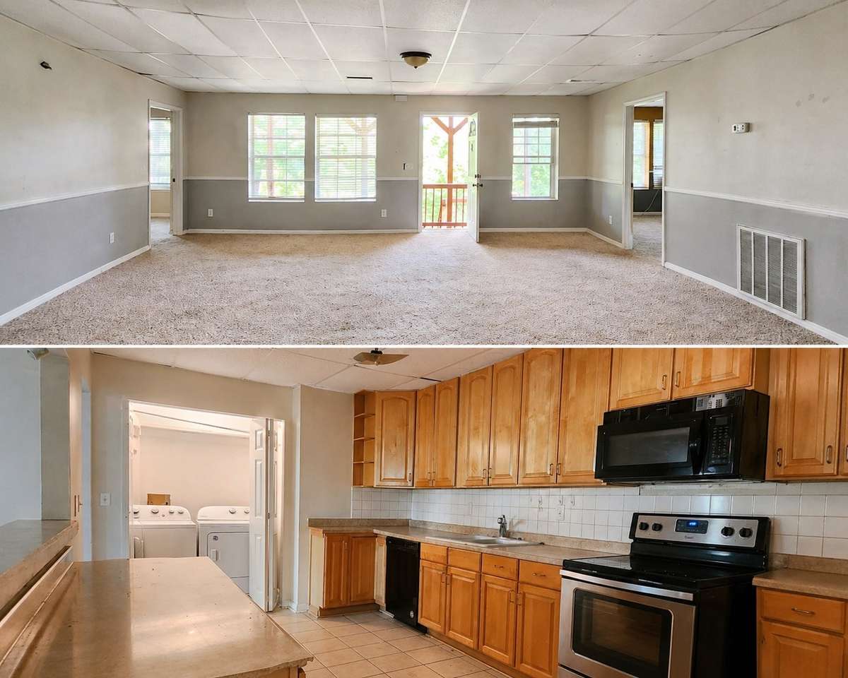 BASEMENT view from kitchen out to covered patio, kitchen view into laundry room.