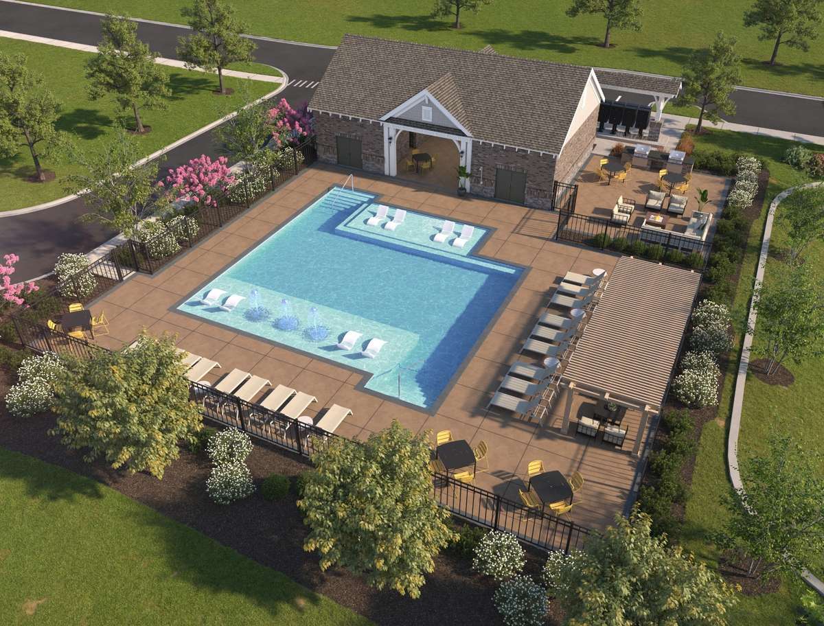 Artist's rendering of the future community pool, showcasing a sparking pool area with surrounding lounge spaces, perfect for relaxation, recreation and social gatherings.