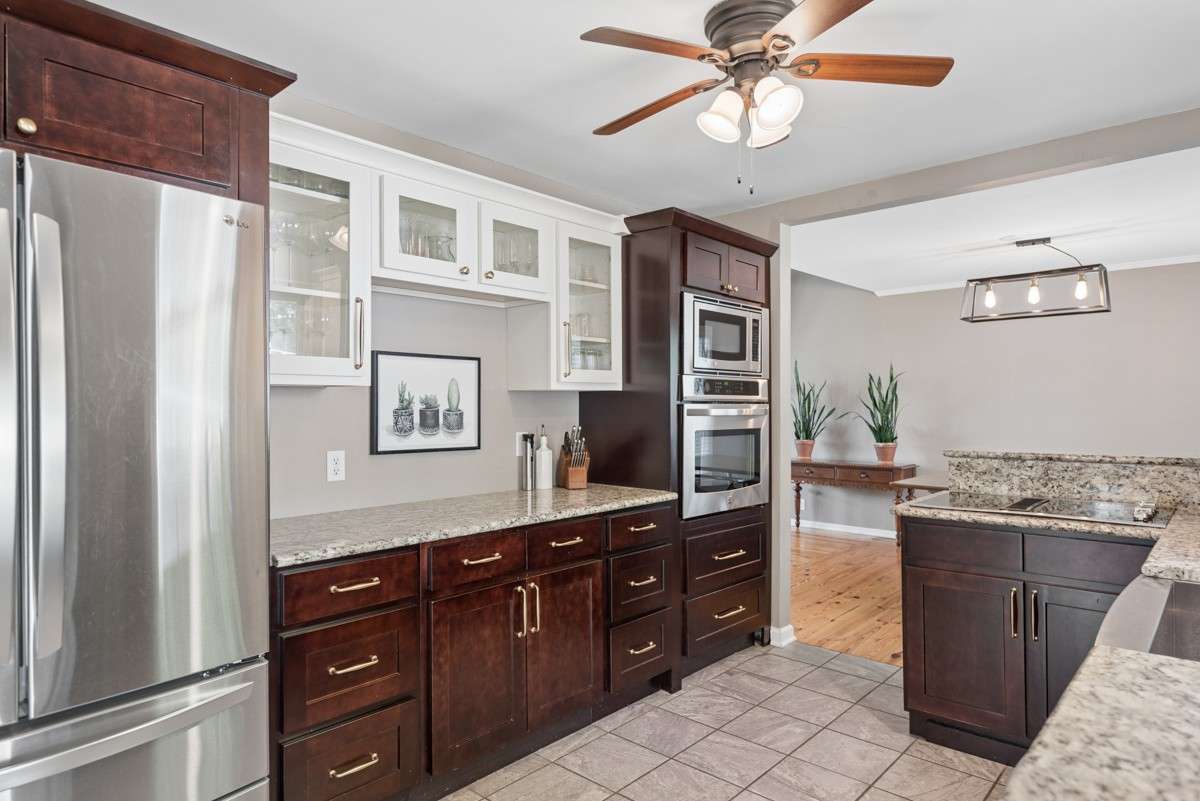 Tons of counter space to prep or serve and built-in oven (convection) and microwave oven.