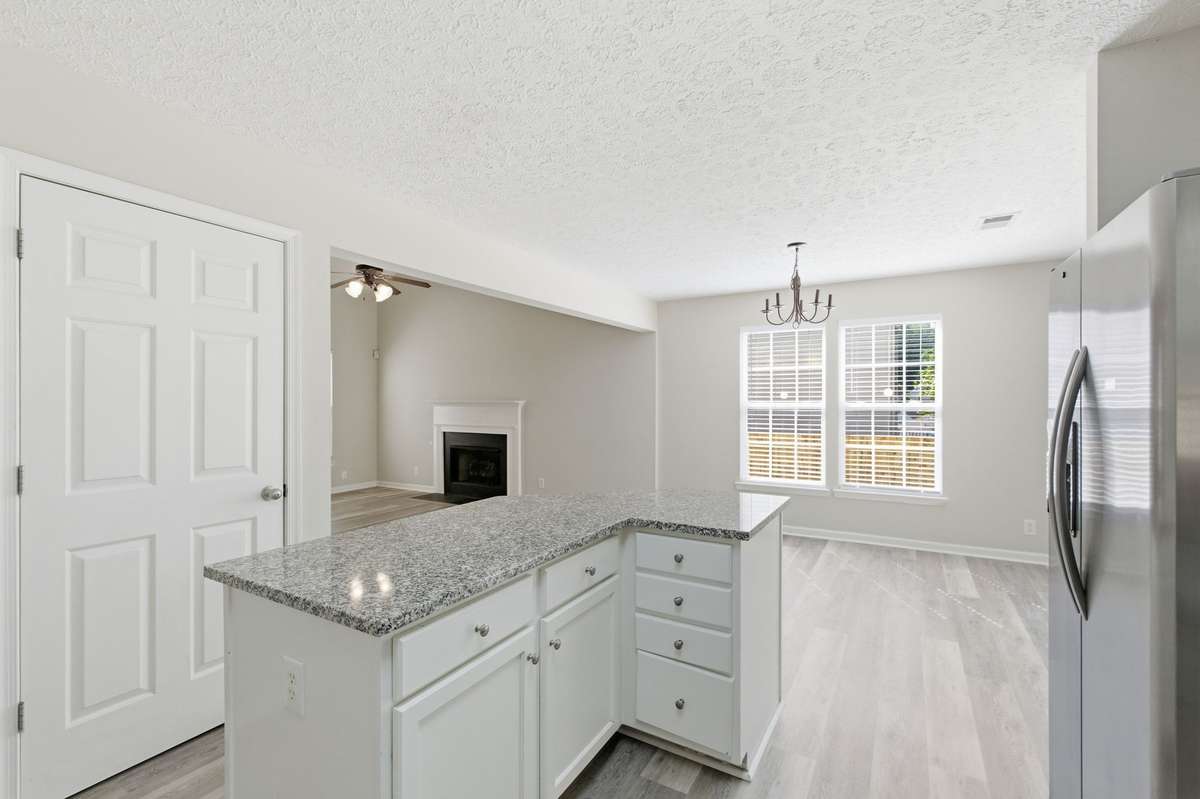 Close-up view of the beautiful granite countertops and ample prep space.