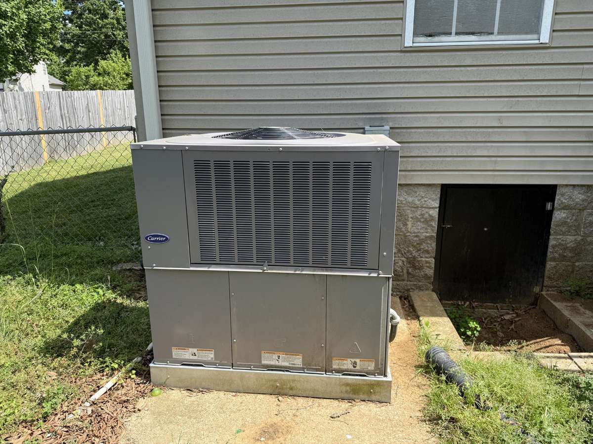 HVAC located in back yard beside crawl space access.
