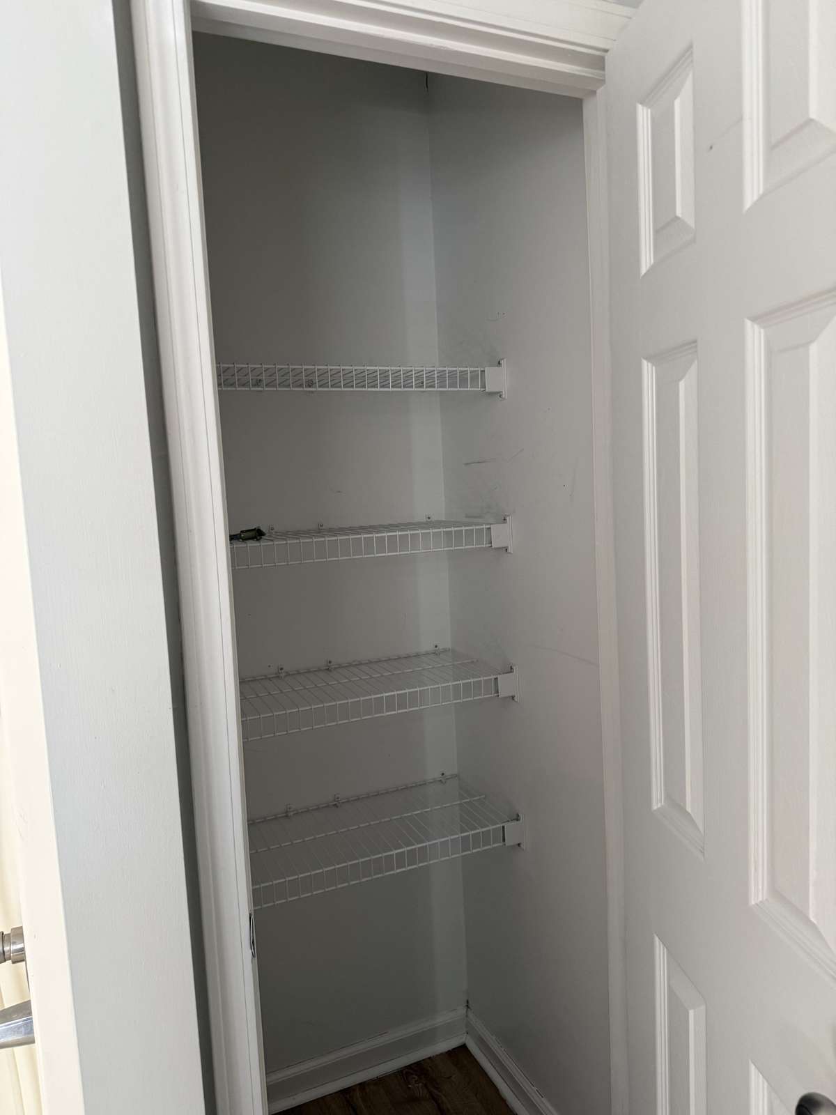 Linen closet in primary bath also shelved.