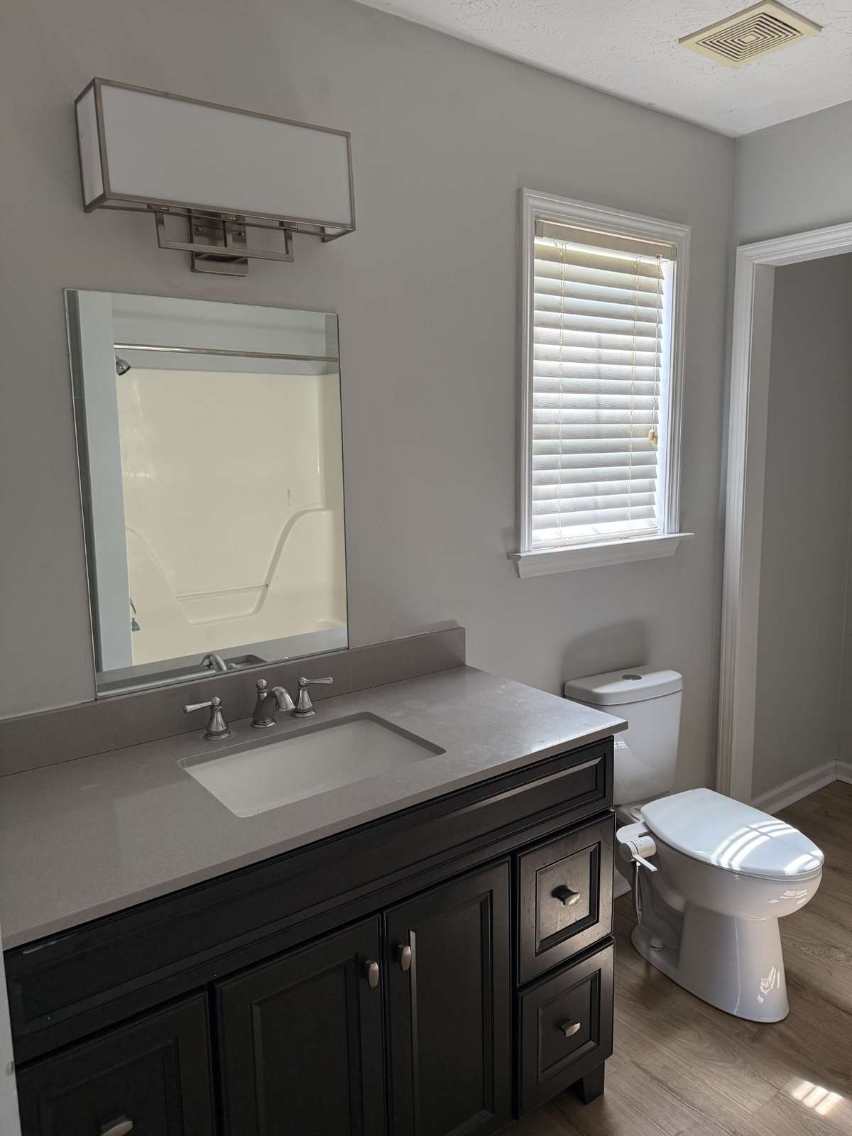 Updated vanity, lighting and commode in primary bathroom.