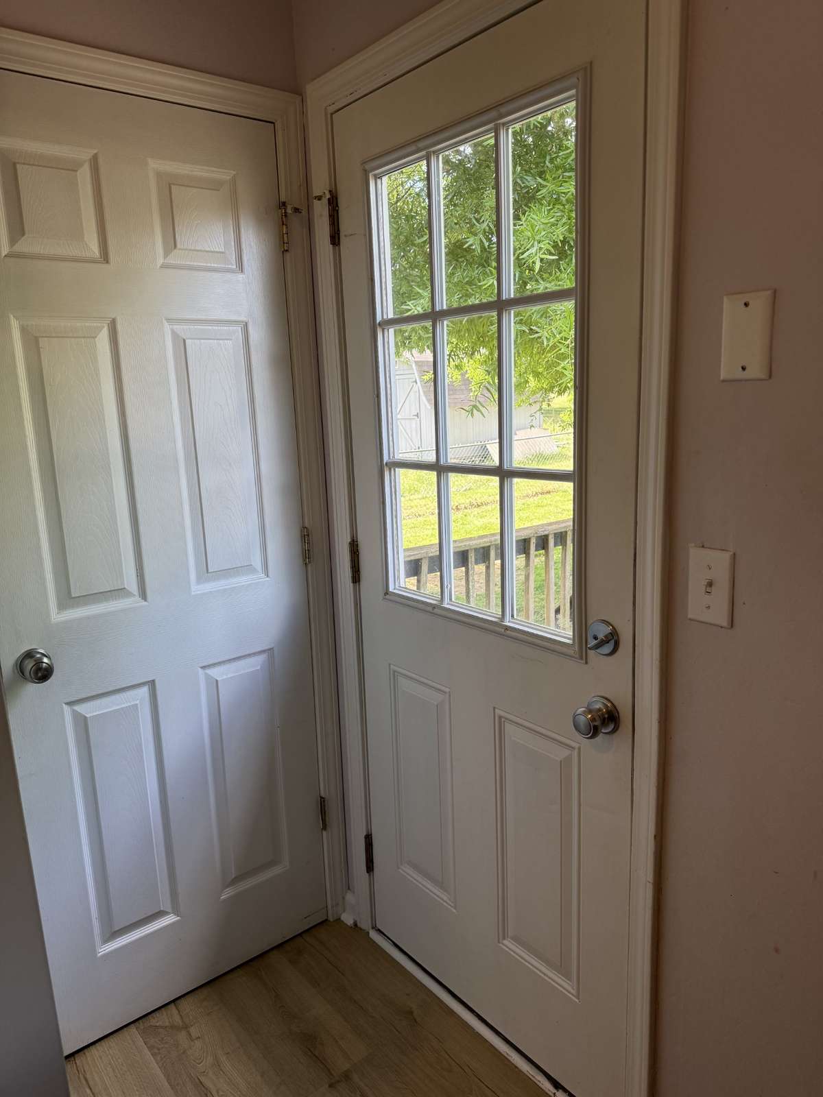 Pedestrian door provides access to back deck and back yard.