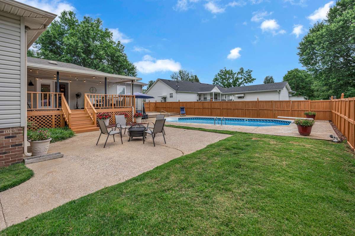 Private backyard with covered porch, patio and in-ground pool