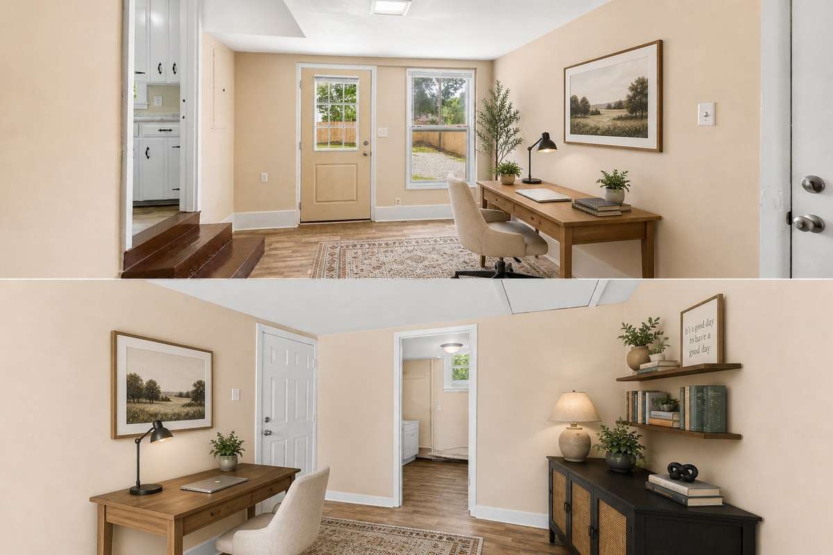 Here's the converted garage space space virtually staged as a home office.