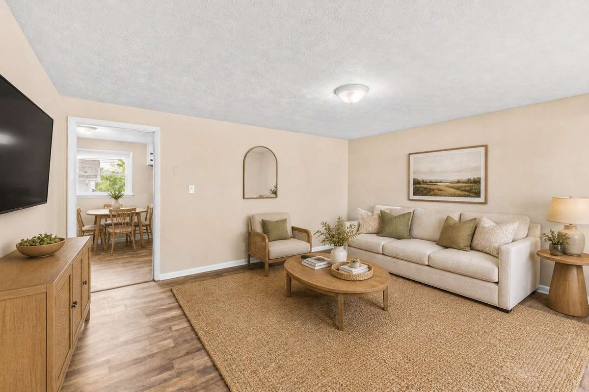 Another view of the living room virtually staged. There is fresh paint and new laminate flooring throughout the entire house.