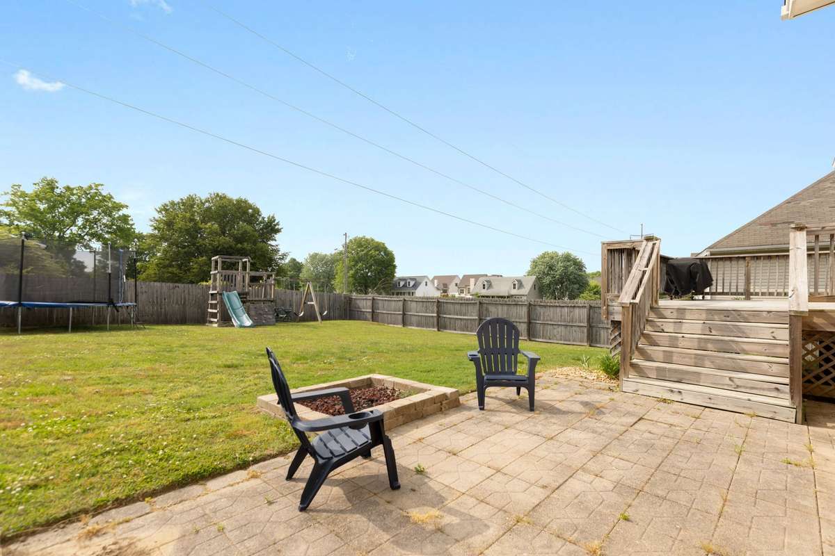 Built-in Firepit and patio overlooking the expansive backyard