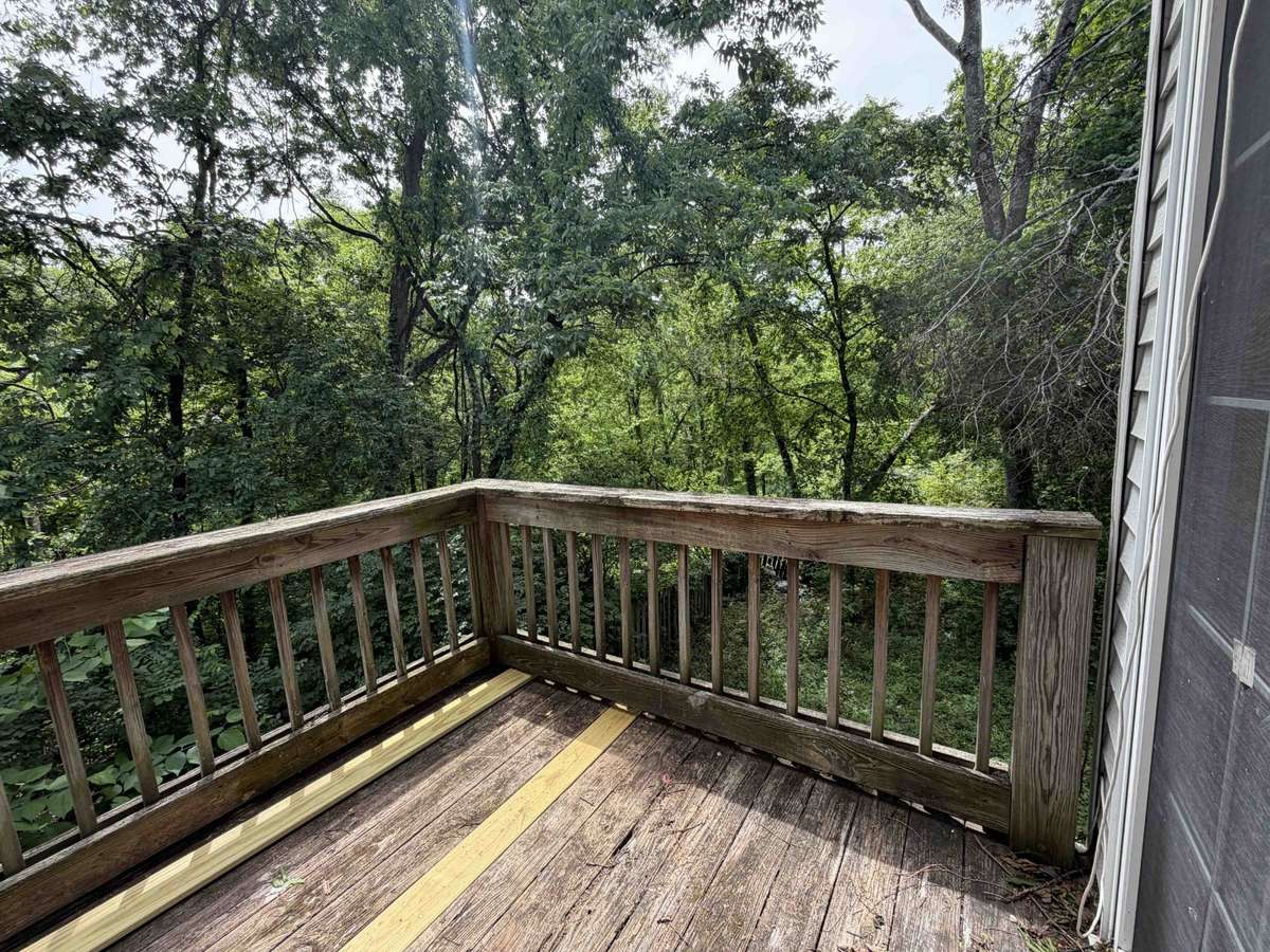 Rear deck overlooking a private, tree-lined backyard, offering a quiet outdoor retreat.