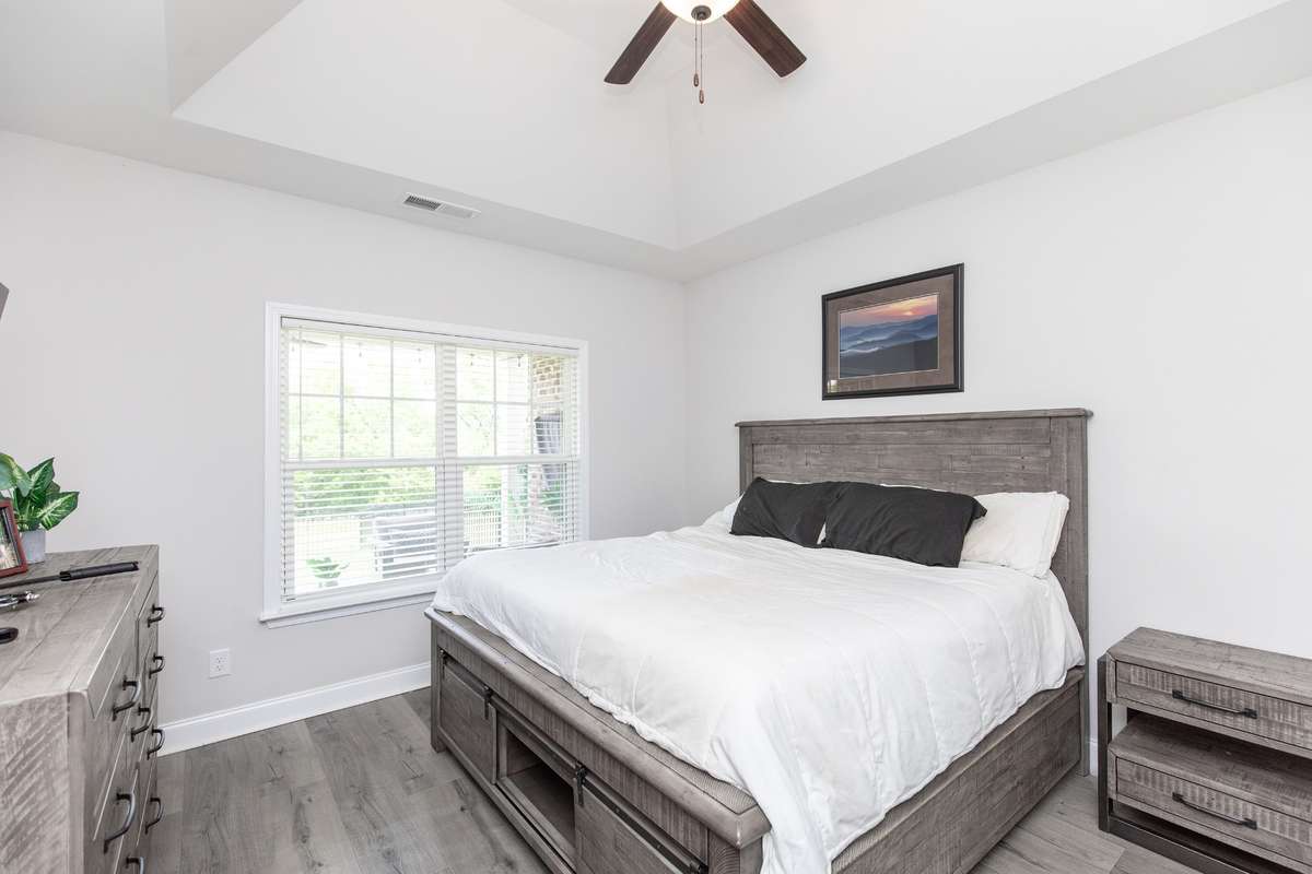 Primary bedroom is in back of home. No homes behind you make this feel private and like a retreat