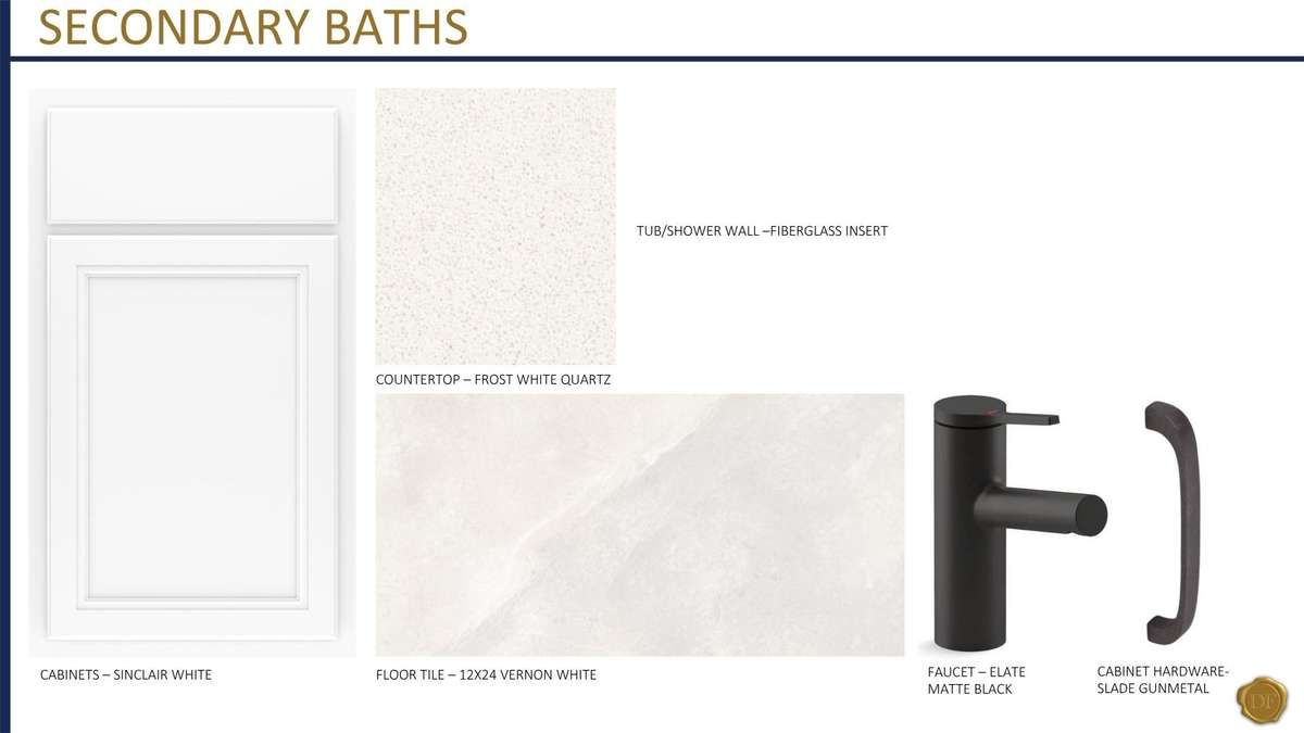 Both upstairs bathrooms feature timeless white vanities, quartz countertops, tiled flooring and matte black fixtures and hardware