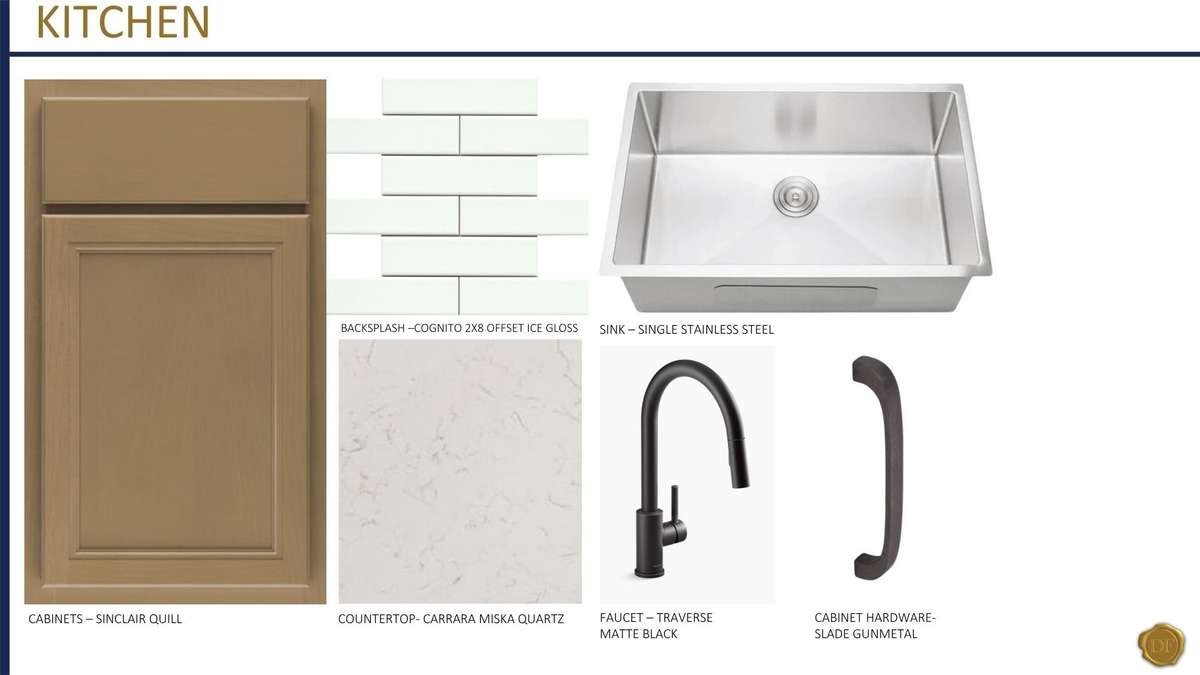 Kitchen features stained cabinetry, tile backsplash, quartz countertops, a deep single basin stainless steel sink, black fixtures and hardware, and a gorgeous wood vent hood!
