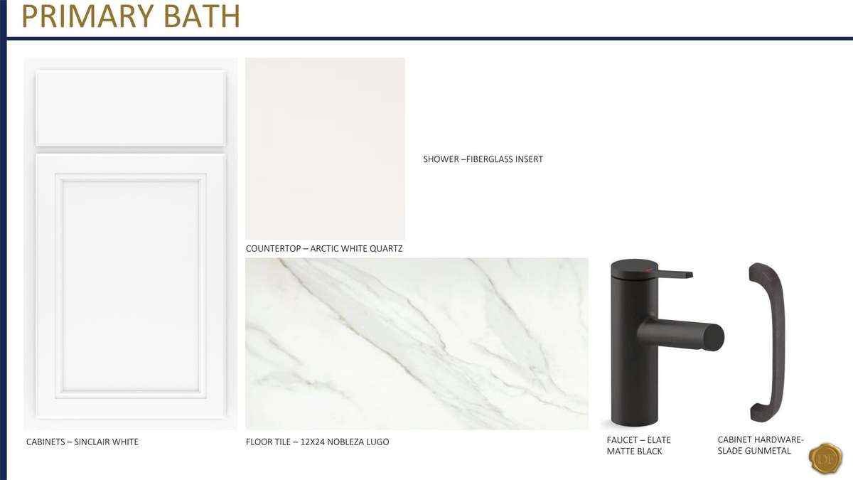 Primary bath includes a double vanity with quartz countertops, tiled flooring, matte black hardware and fixtures, a separate tub and shower, a linen closet, and a water closet