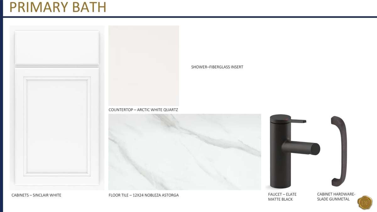 Primary Bath will have a double vanity with white cabinetry, quartz countertops, a large walk-in shower, linen closet, separate water closet, upgraded tile flooring, and matte black hardware and fixtures.