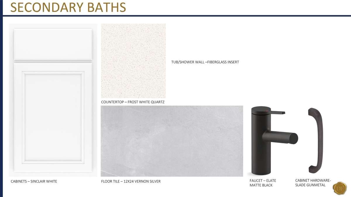 Secondary bathroom will have a white double vanity with quartz countertops and matte black fixtures/hardware, and upgraded tile flooring!