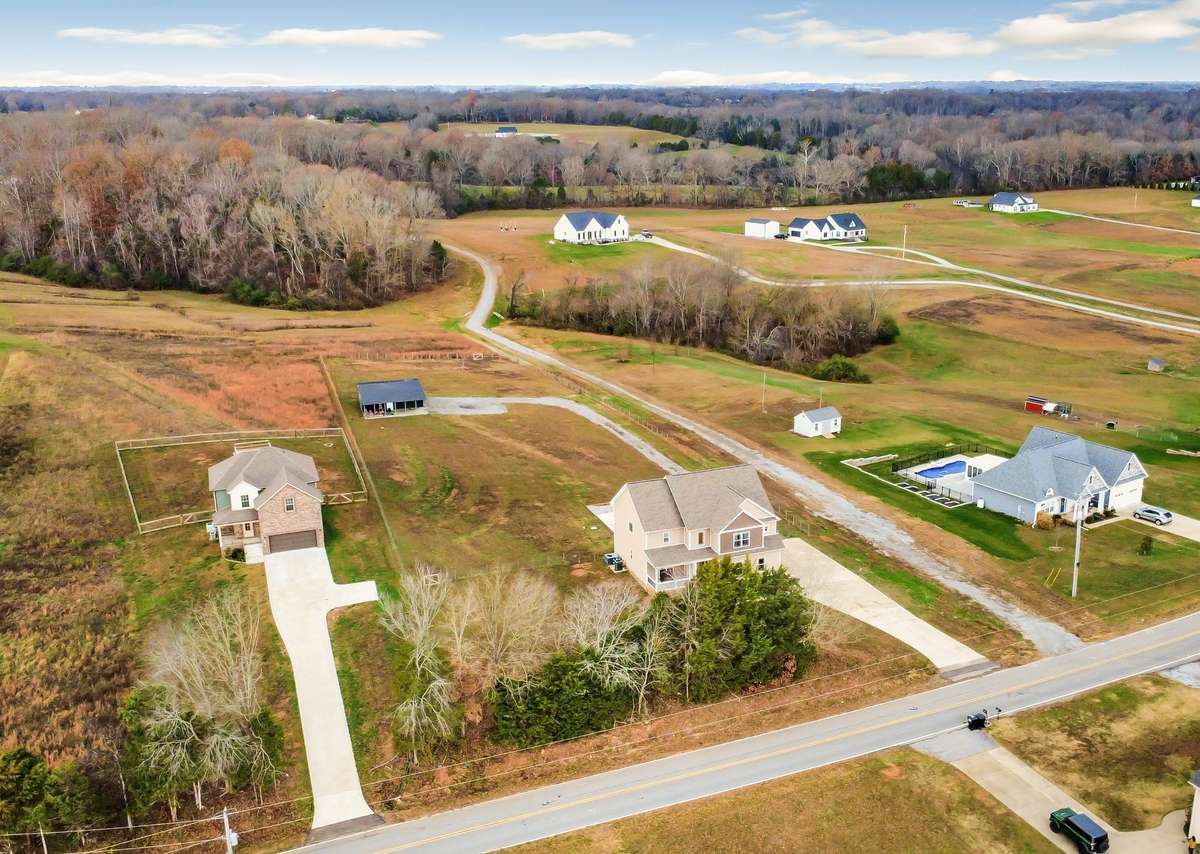 Beautiful tree-lined front road leads to a wide concrete driveway with plenty of parking