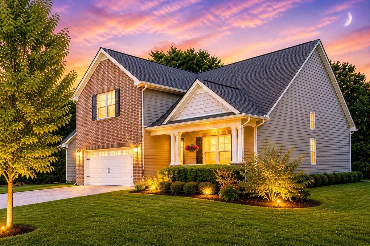 Ai version shows how lighting can enhance this wonderful home. Step system caps are in front yard. You will love this home with backyard shade trees, upgraded shelving and entertaining design.