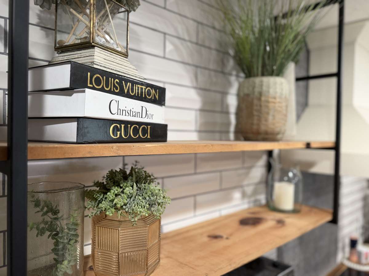 Exposed shelving in the kitchen (install was completed after the previous kitchen photos)