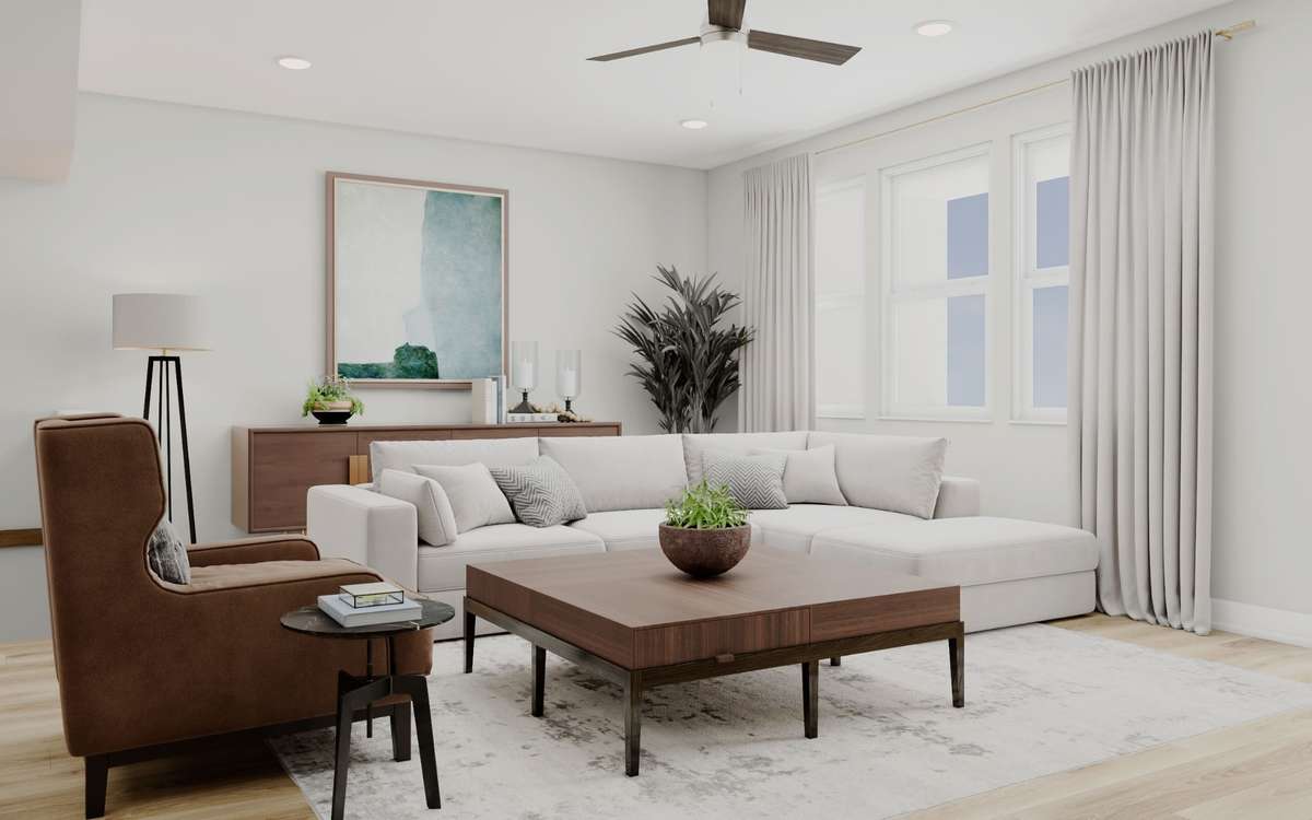 Great room with fireplace, dining, kitchen, and covered rear deck on your second floor.