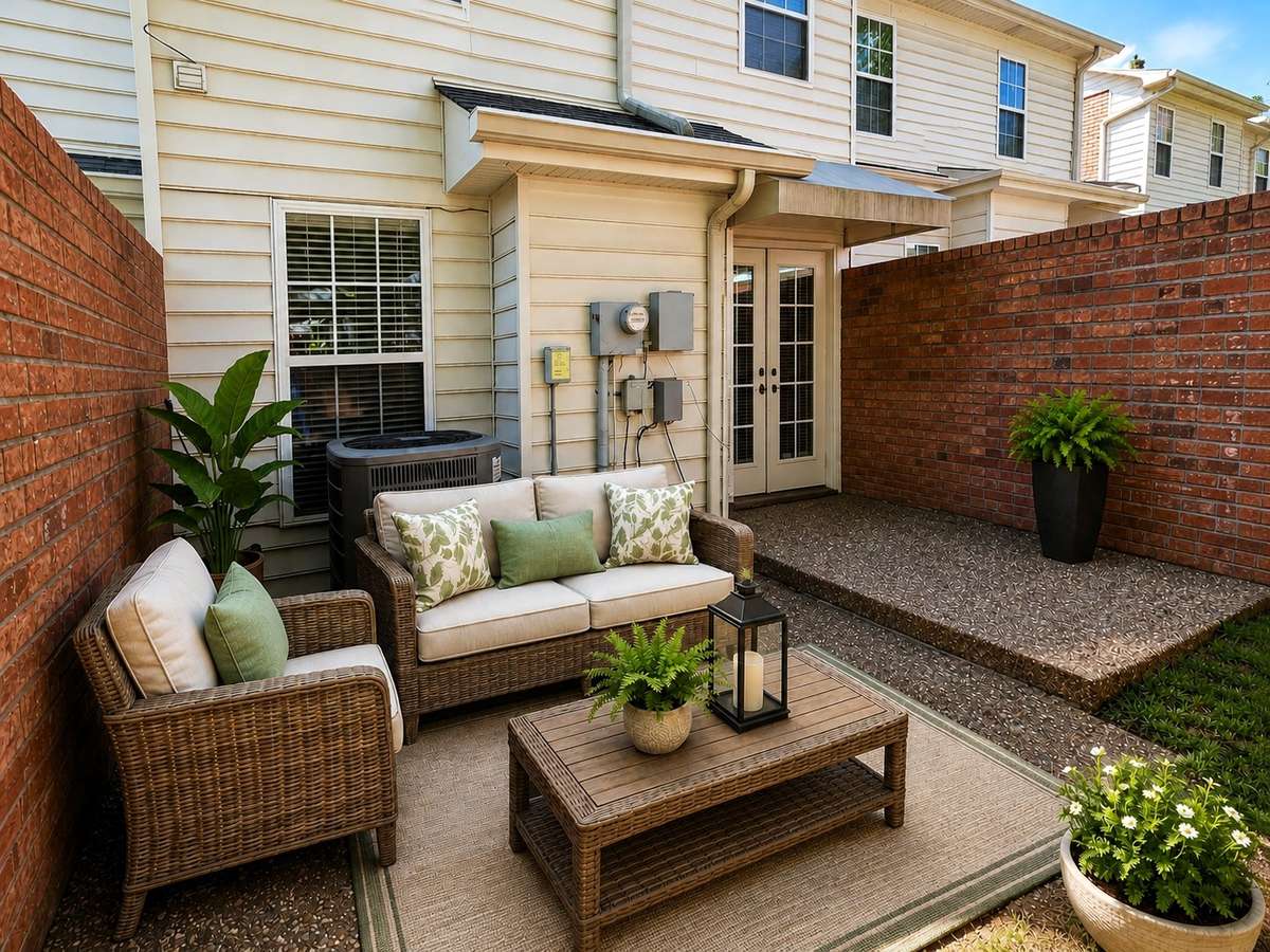 Outdoor patio area with brick privacy walls