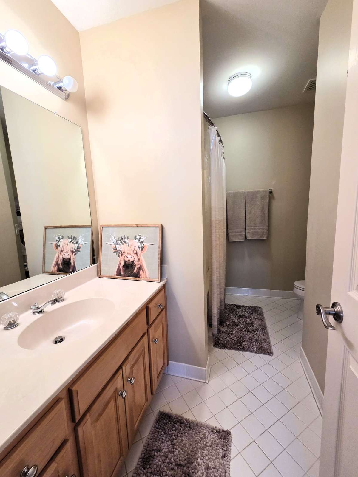 Bath includes large vanity, tub/shower combination and linen closet