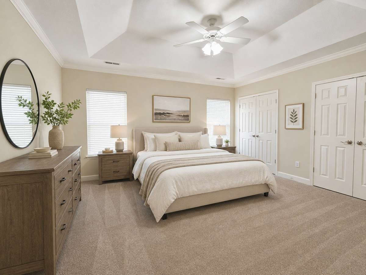 Upstairs primary bedroom suite with tray ceiling, double extra-large closets, ceiling fan, and plantation blinds