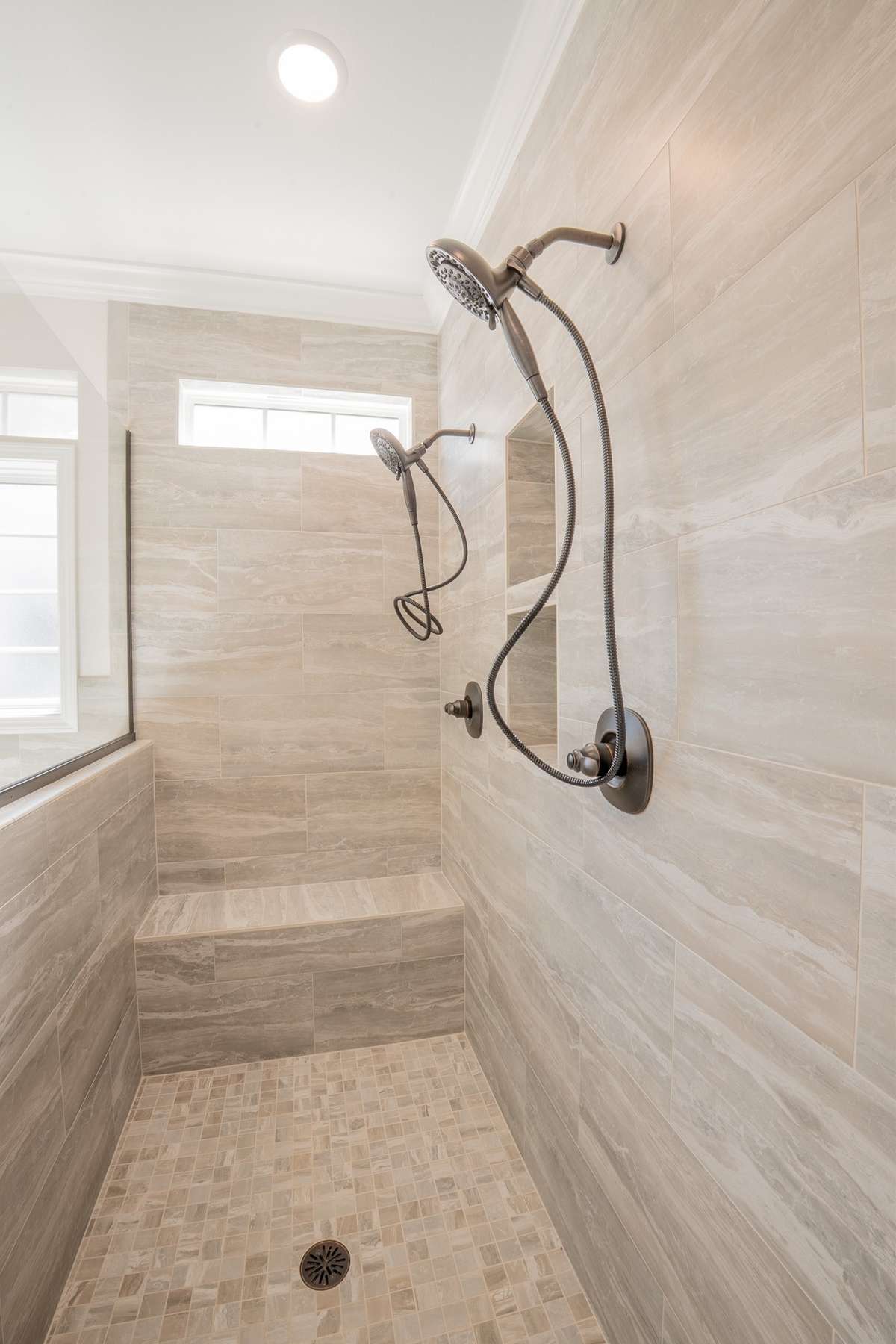 EXAMPLE>>> Luxurious Walk-in Tile Shower w/ 2 Shower Heads, Large Bench, Built-in Shelving & a Window!