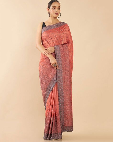 Myntra - Soch Rust & Grey Floral Zari Silk Blend Tussar Saree Price