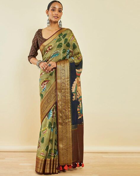 Myntra - Soch Olive Green & Brown Kalamkari Zari Poly Crepe Saree Price