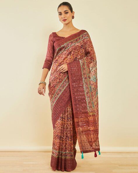 Myntra - Soch Ethnic Motifs Printed Sequinned Pochampally Saree Price